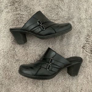 Clarks Black Leather Heeled Mules